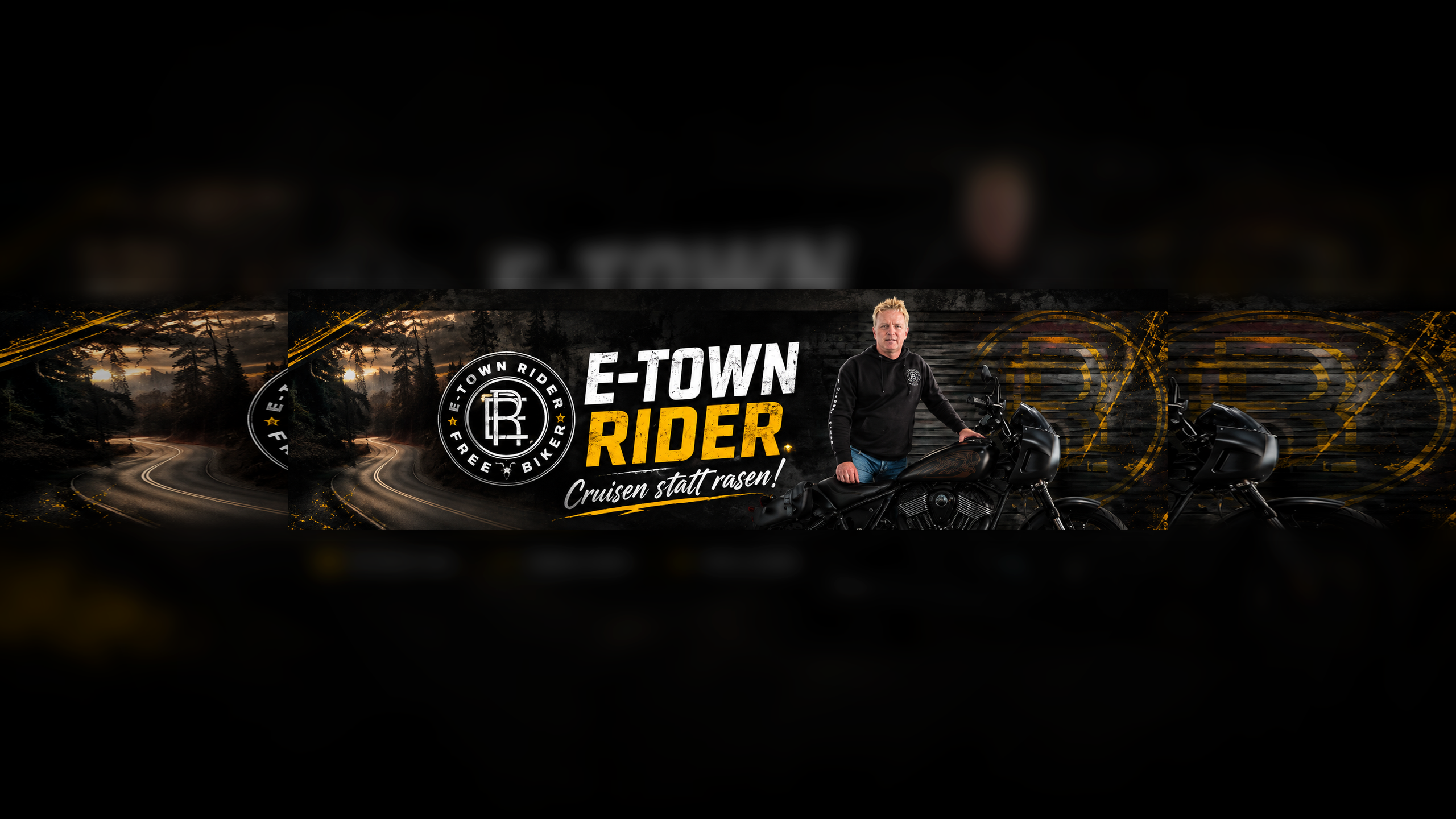 E-Town-Rider-Kanalbanner mit Marc, Motorrad, Logo und dem Motto Cruisen statt rasen!